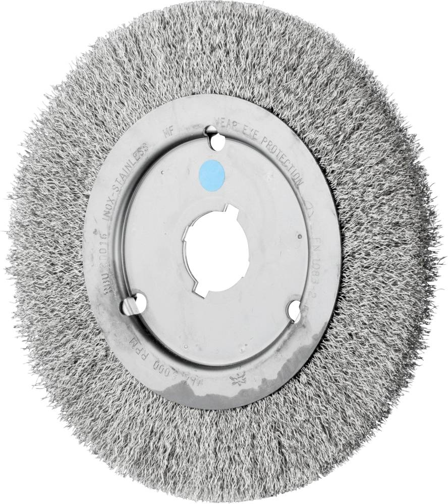 Metallbürste mit runden Borsten, geeignet zur Entfernung von Rost und Farbe auf Metalloberflächen.