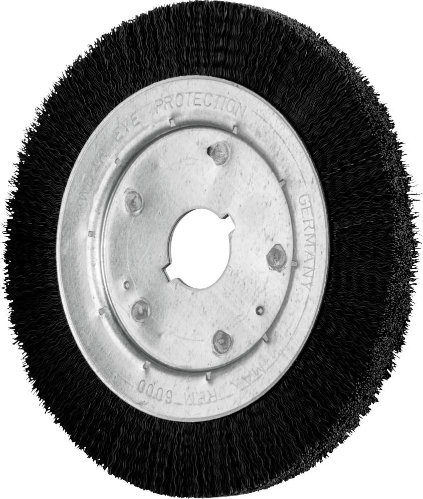 Runde Drahtbürste mit Metallbasis, verwendet zur Entfernung von Rost oder Farbe auf Metalloberflächen.