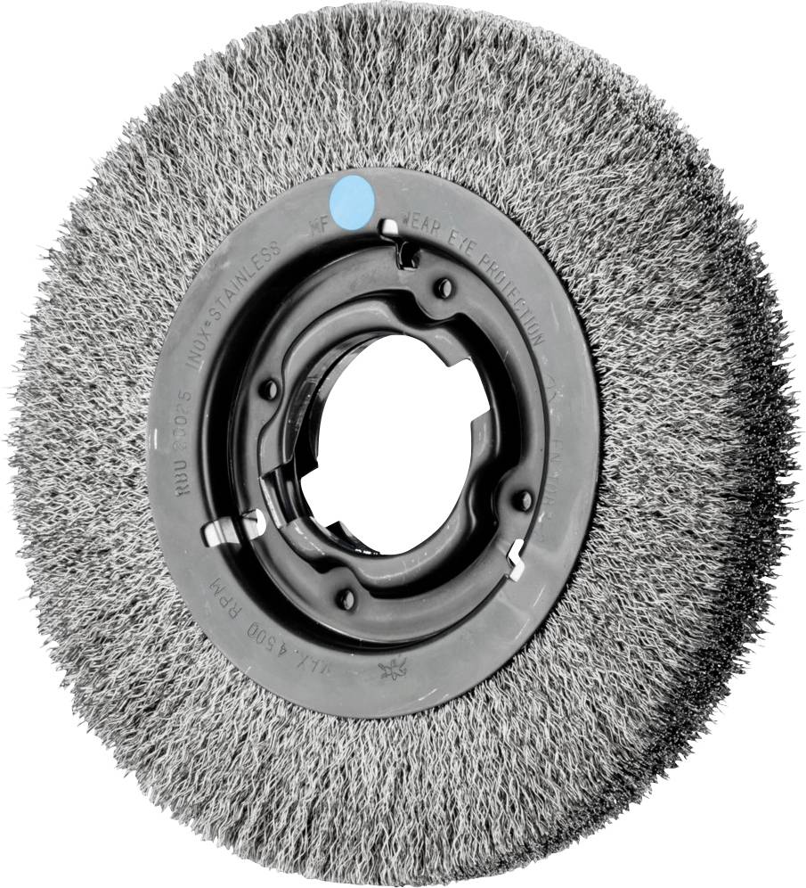 Runde Drahtbürste mit grauen Borsten und schwarzer Kunststoffmitte, verwendet zum Schleifen oder Reinigen von Oberflächen.