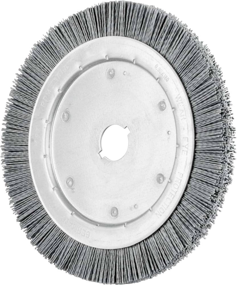 Runde Drahtbürste mit dichten, radial angeordneten Borsten, verwendet zum Reinigen oder Polieren von Oberflächen.