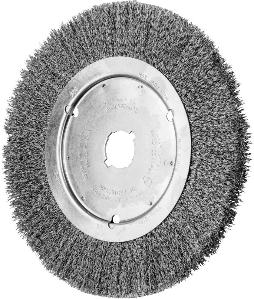 Runde Drahtbürste mit Metallkern und dichten Drahtborsten, geeignet für die Oberflächenreinigung und -bearbeitung von Materialien.