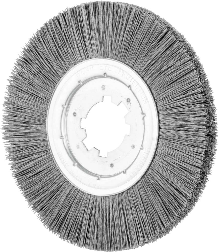 Metallscheibenbürste mit dichten Borsten für industrielle Reinigungs- oder Schleifarbeiten. Sie sieht rund und robust aus.