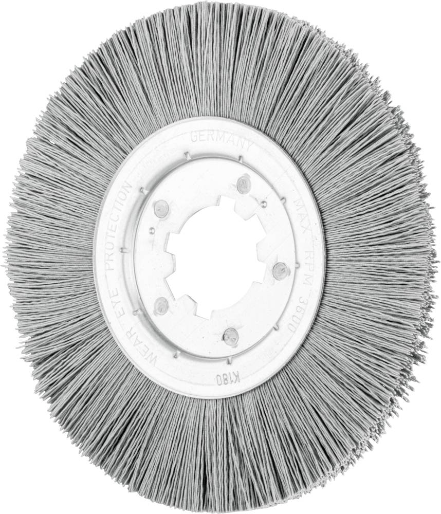 Runde Metallbürste mit Borsten aus Draht; Hinweis zur Augenschutzpflicht.