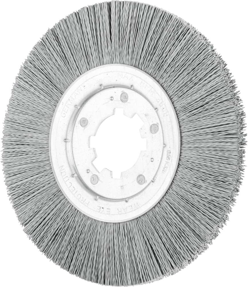 Eine graue Rundbürste mit dichten Borsten in der Draufsicht. Sie hat einen zentralen Metallring zur Befestigung an Werkzeugen.