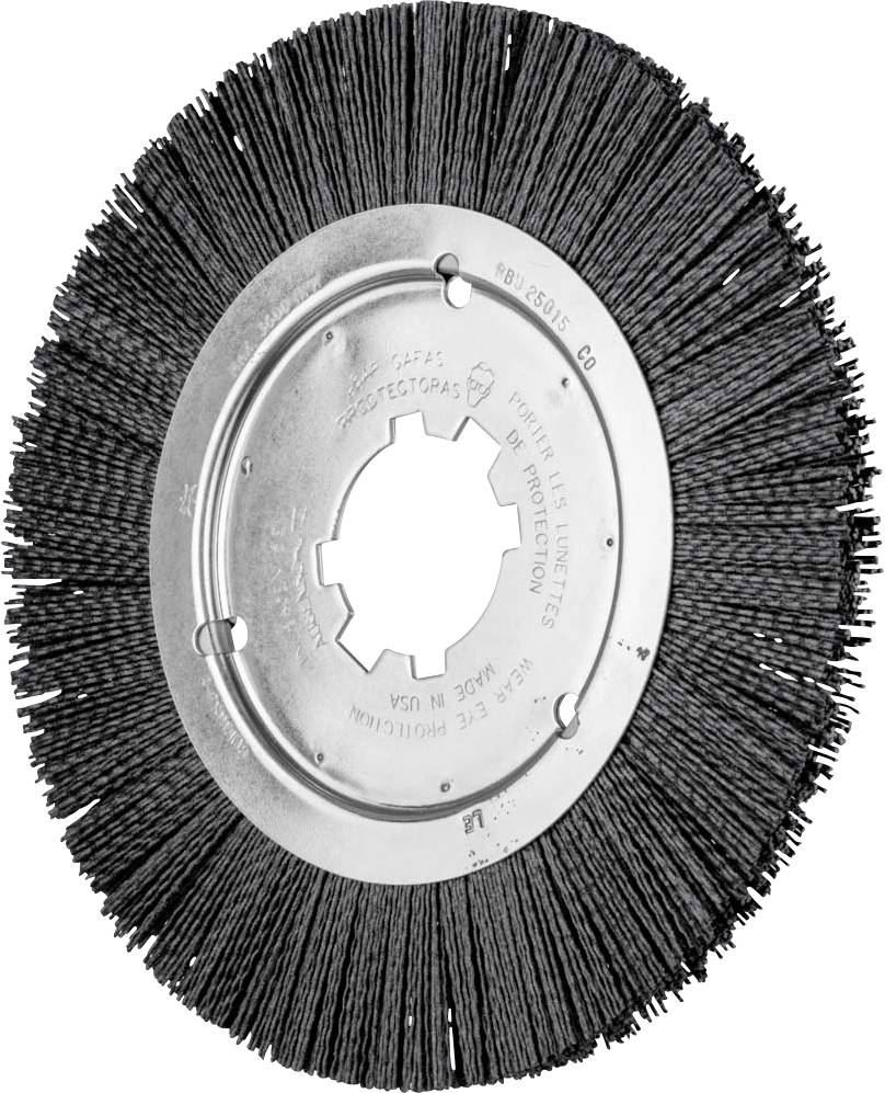 Drahtbürste in kreisförmiger Anordnung, verwendet zum Reinigen oder Entrosten von Oberflächen. Silberne Mitte mit schwarzem Bürstenrand.