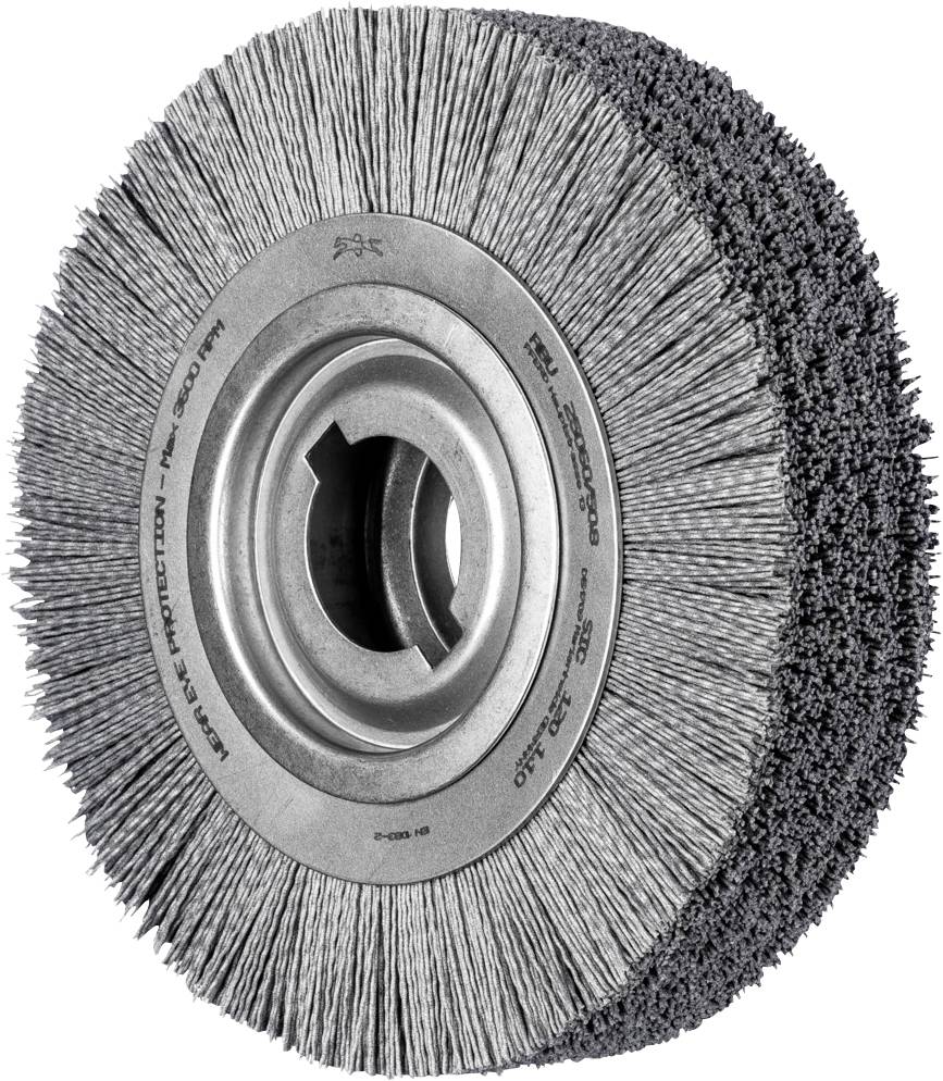 Schleifbürste mit Metallkern und dichten Borsten, geeignet für Oberflächenbearbeitung und Polieren von Metalloberflächen.