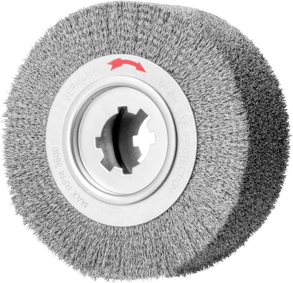Drahtbürstenschleifscheibe mit Metallkern und grauen Borsten, zeigt Richtungspfeil für Rotation, Markierung 'MAX RPM 3600'.