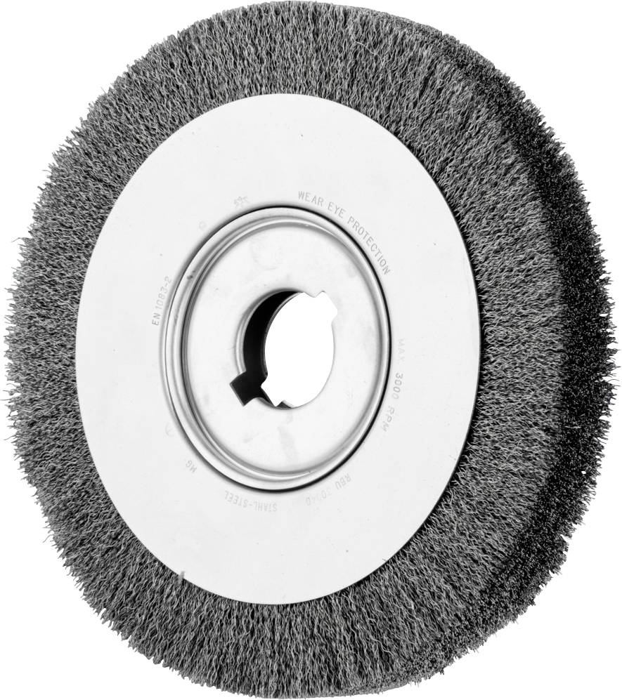 Runde Drahtbürste mit silbernen Borsten und Metallmitte, geeignet für Reinigungs- und Polierarbeiten.