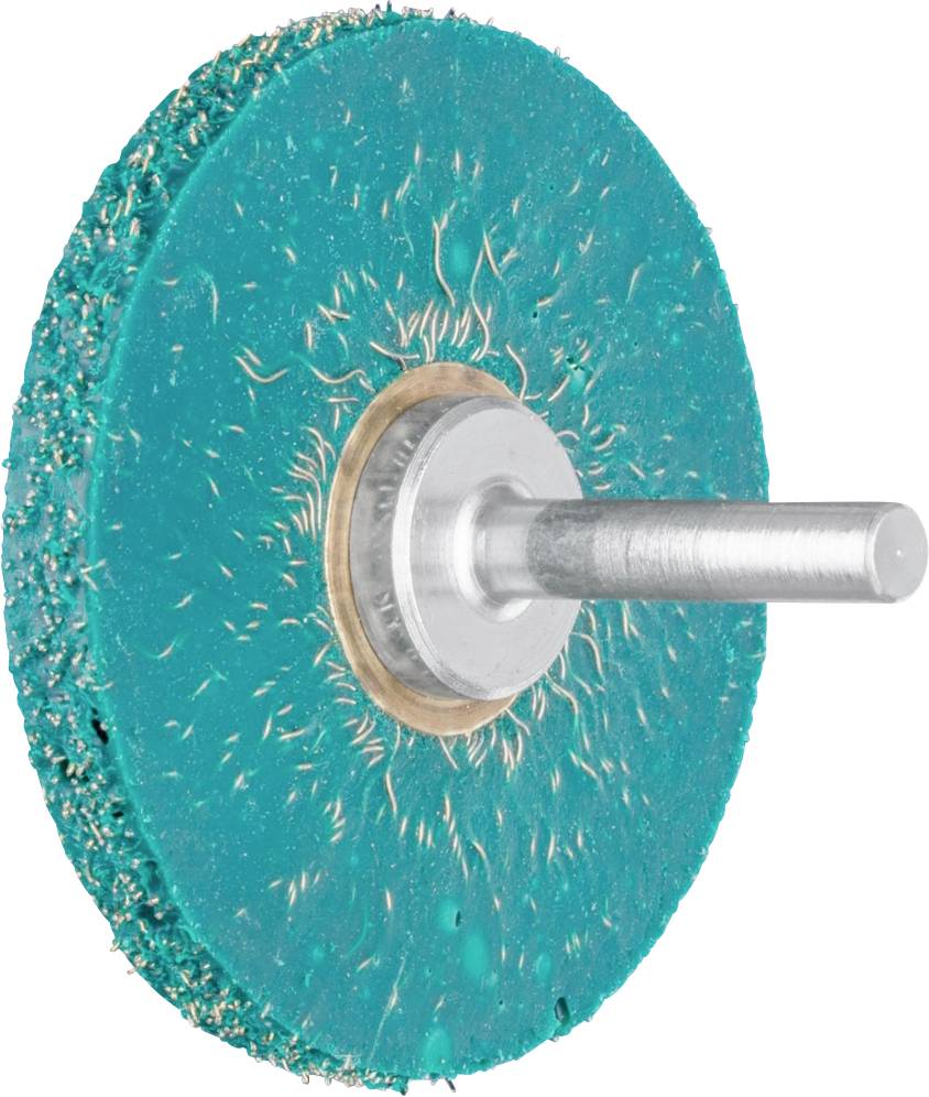 Ein runder, grüner Schleifaufsatz mit metallischer Halterung in der Mitte. Geeignet für Schleifarbeiten an Oberflächen.