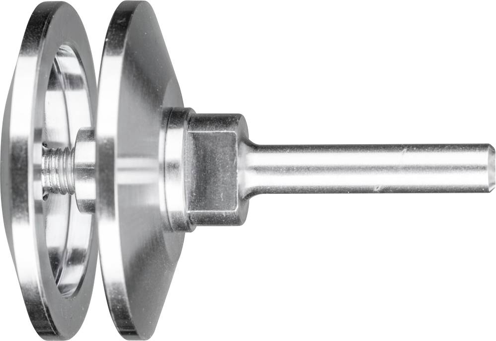 Metallteile eines mechanischen Geräts: Schraubwelle und zwei runde Scheiben, wahrscheinlich Bestandteile einer Maschine oder eines Werkzeugs.