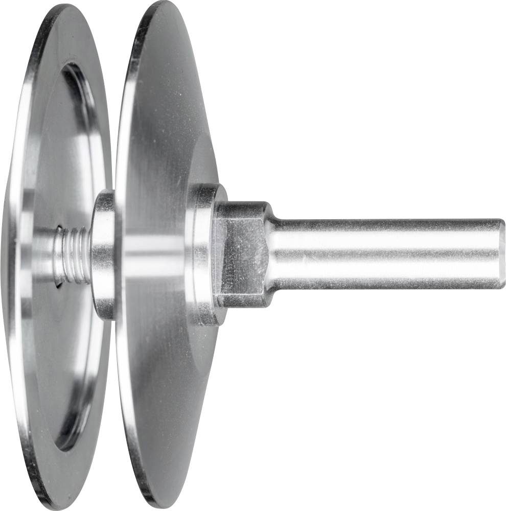 Ein Metallwerkzeug mit zwei kreisförmigen Scheiben auf einer Welle, möglicherweise für Schleif- oder Polierarbeiten geeignet.