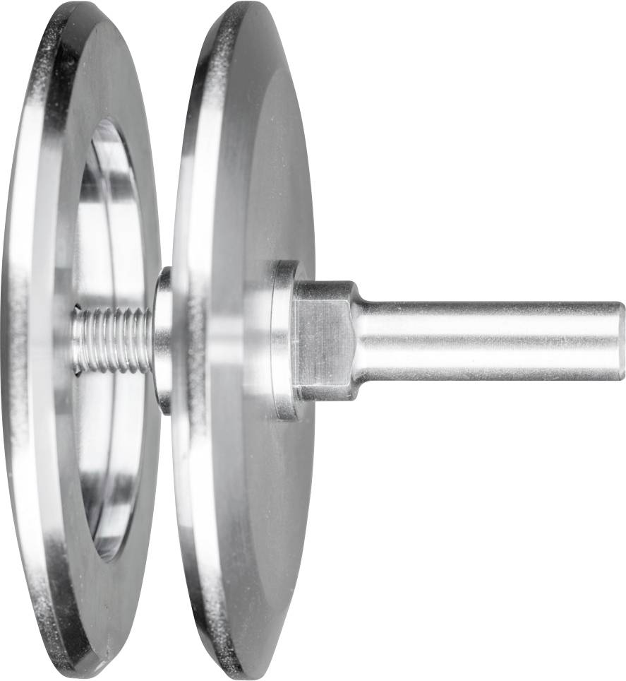 Gewichtsscheiben auf einer Hantelstange aus Metall, seitliche Ansicht.