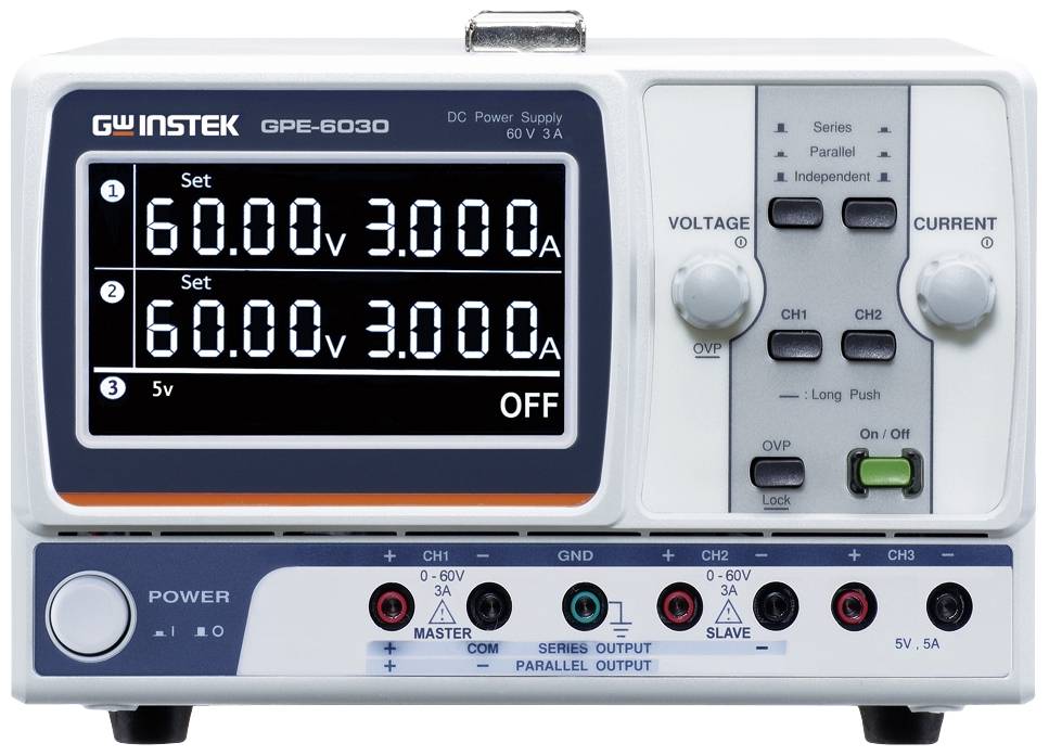 Ein elektronische Gleichstrom-Stromversorgung mit digitalem Display zeigt '60.00V, 3.000A' an und verschiedene Bedienelemente.
