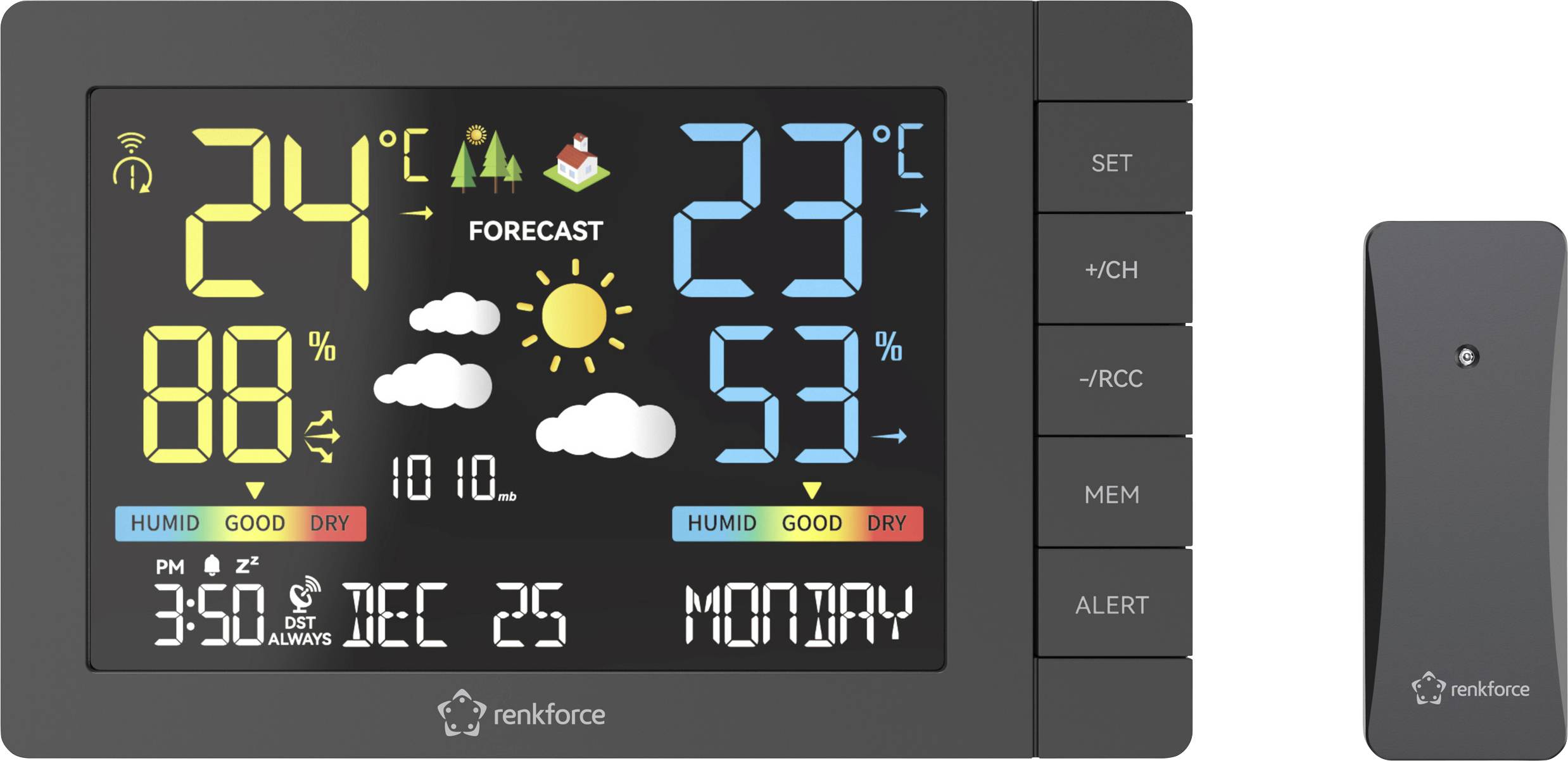 Wetterstation mit Display zeigt aktuelle Innentemperatur von 24°C, Außentemperatur von 23°C, Luftfeuchtigkeit sowie Wettervorhersage mit Sonne und Wolken.