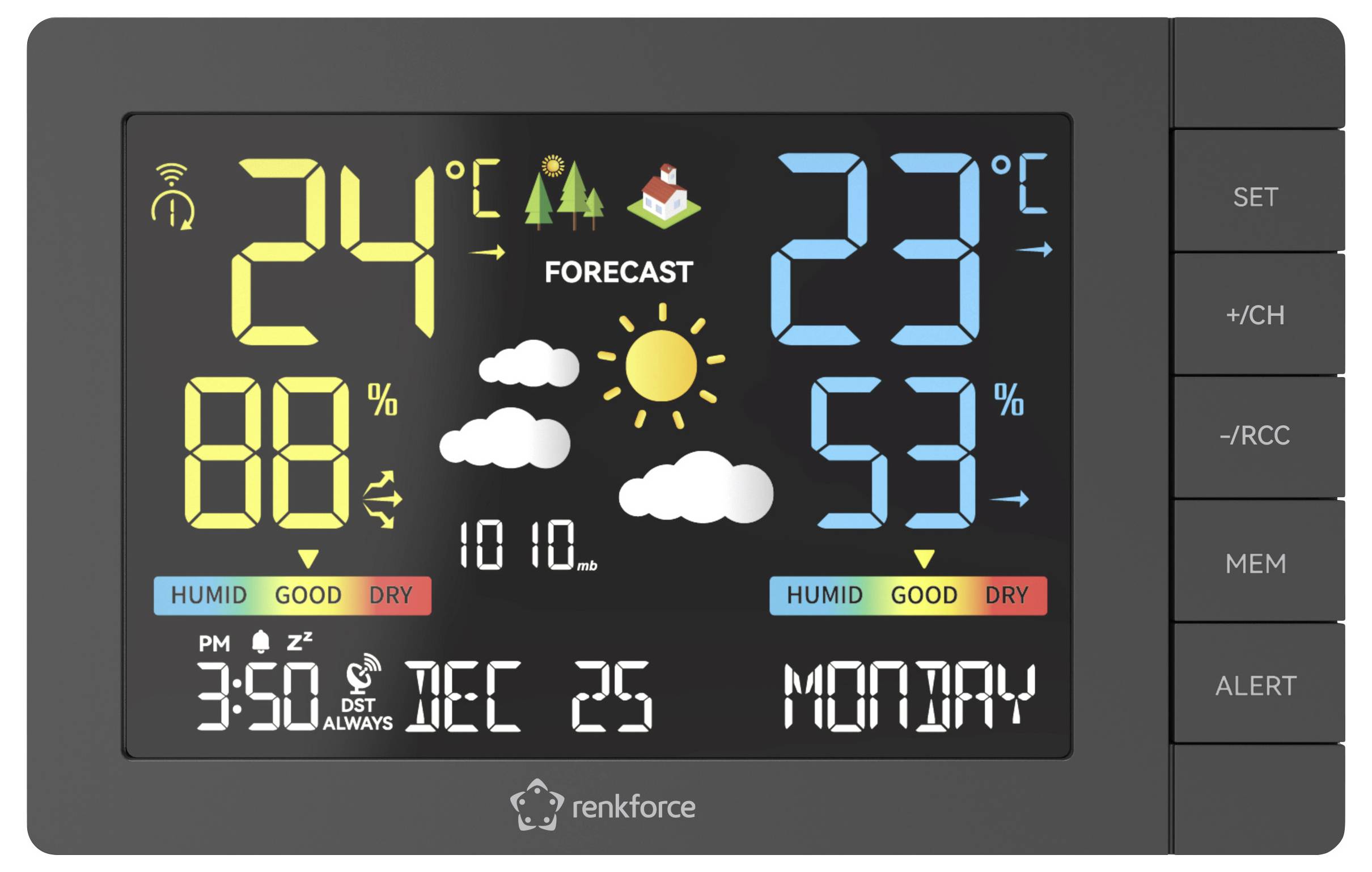 Elektronische Wetterstation zeigt 24°C drinnen, 23°C draußen, mit 88% und 53% Luftfeuchtigkeit. Sonne, Wald und Berg Symbole.