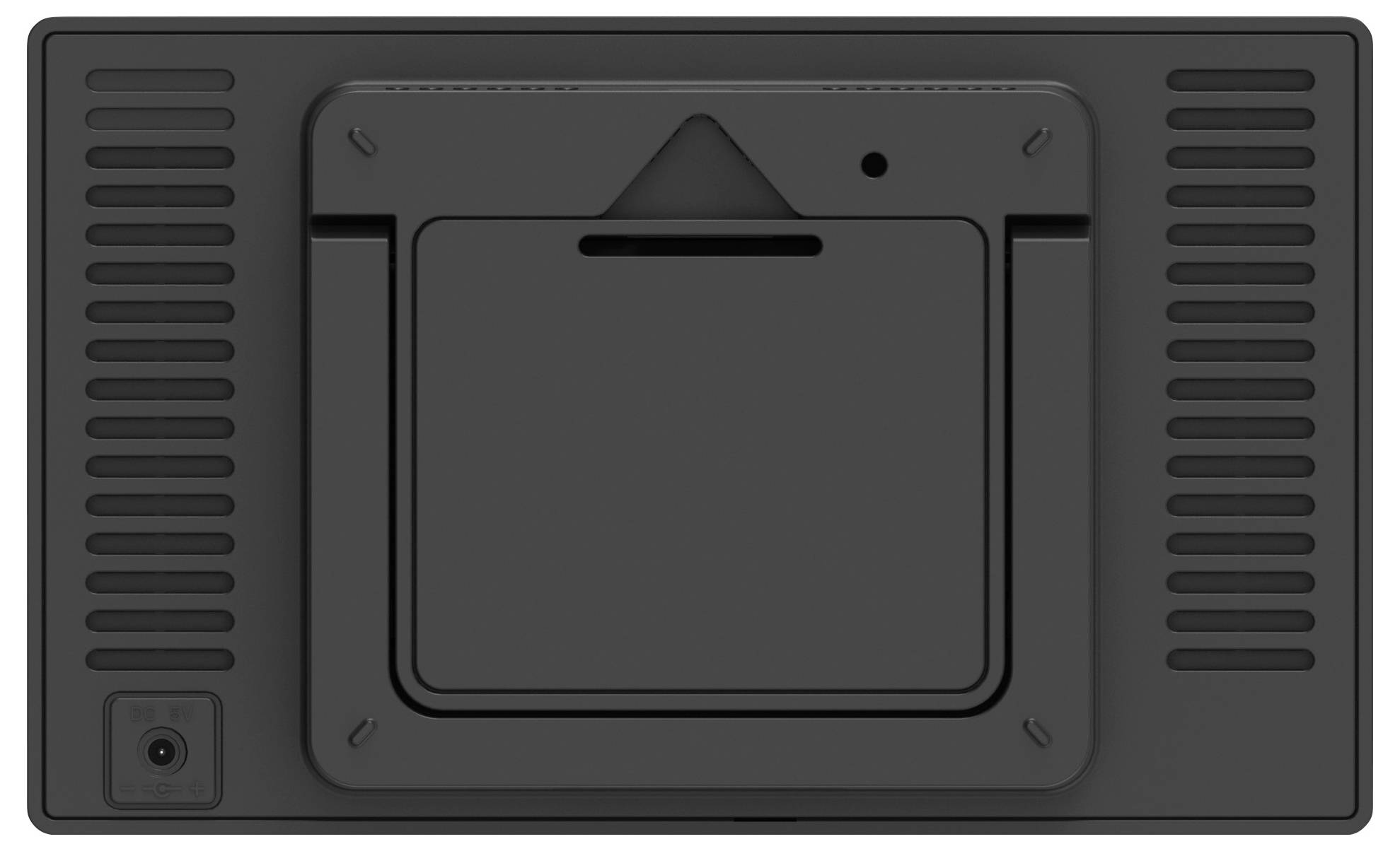 Ein kleiner, rechteckiger schwarzer Elektronik-Bildschirm wird von hinten gezeigt.
