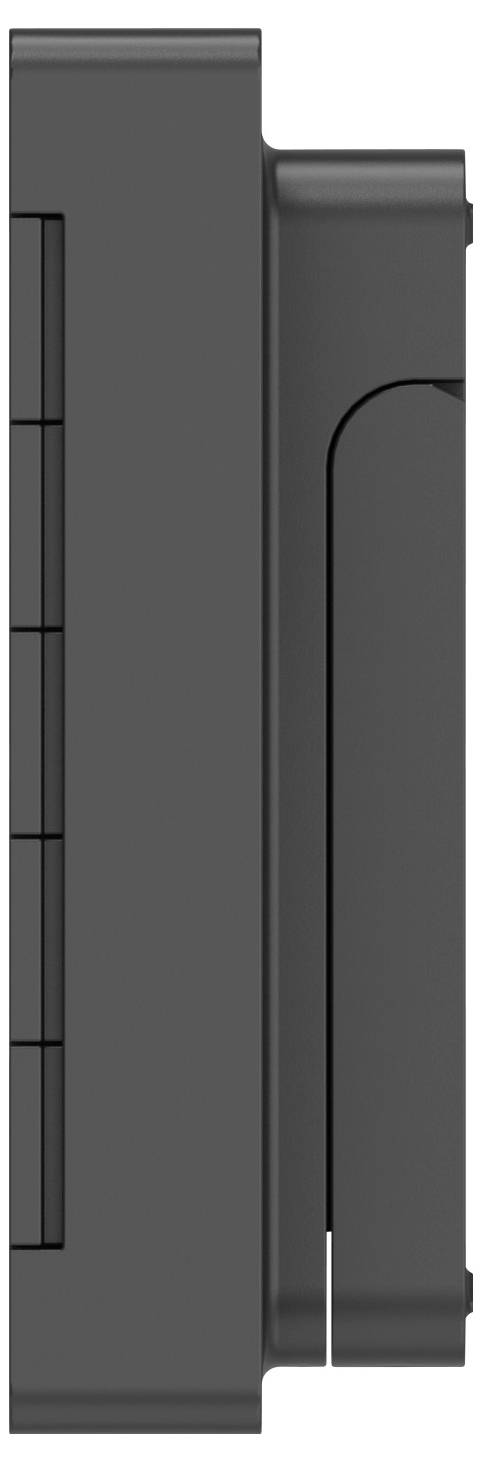 Schwarzes, rechteckiges Gerät mit strukturiertem Griff und minimalistischem Design, seitliche Ansicht.