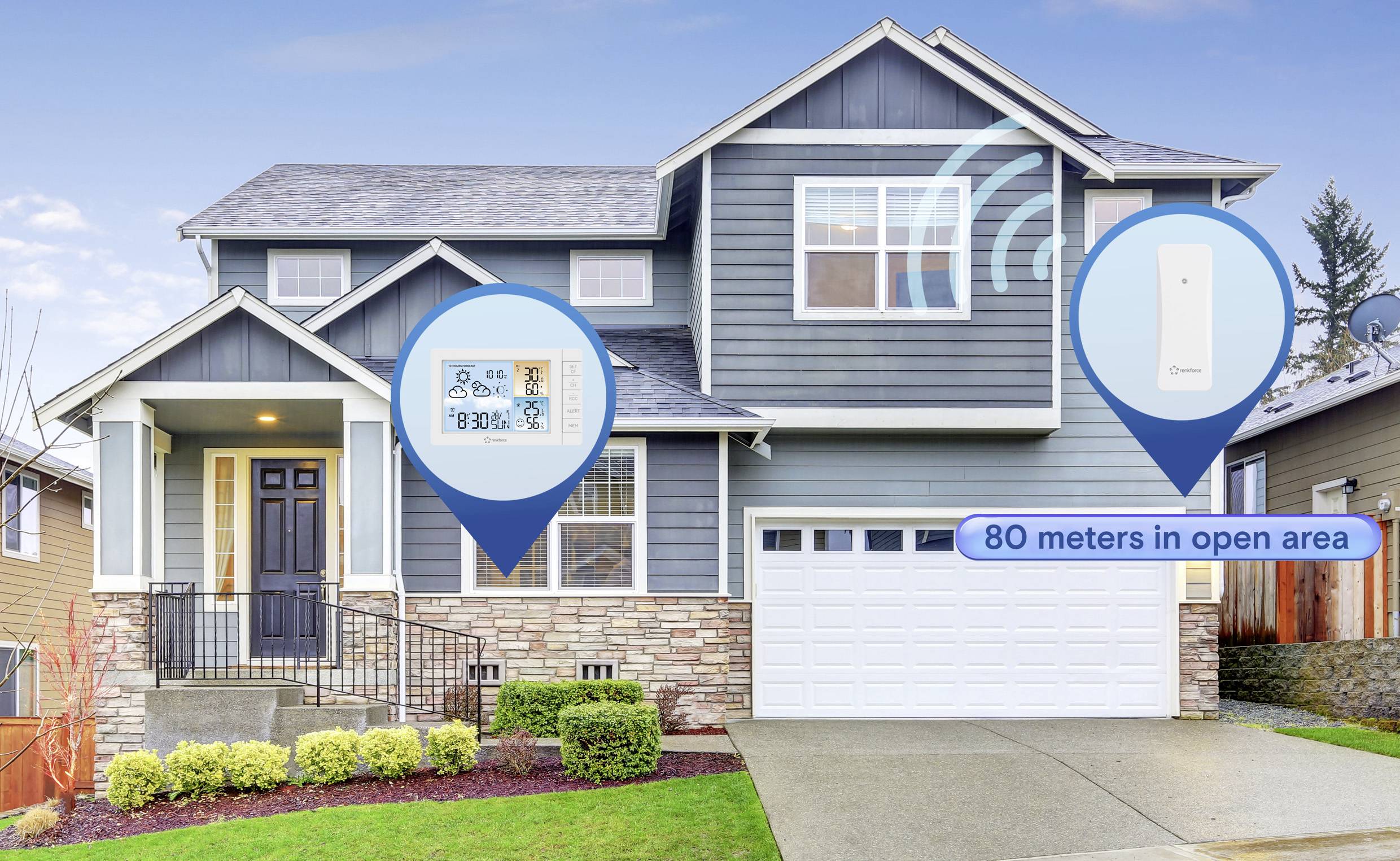 Ein großes, modernes Haus mit zwei Highlight-Markierungen zeigt die Verbindungsreichweite eines Smart-Home-Geräts von '80 meters in open area'.