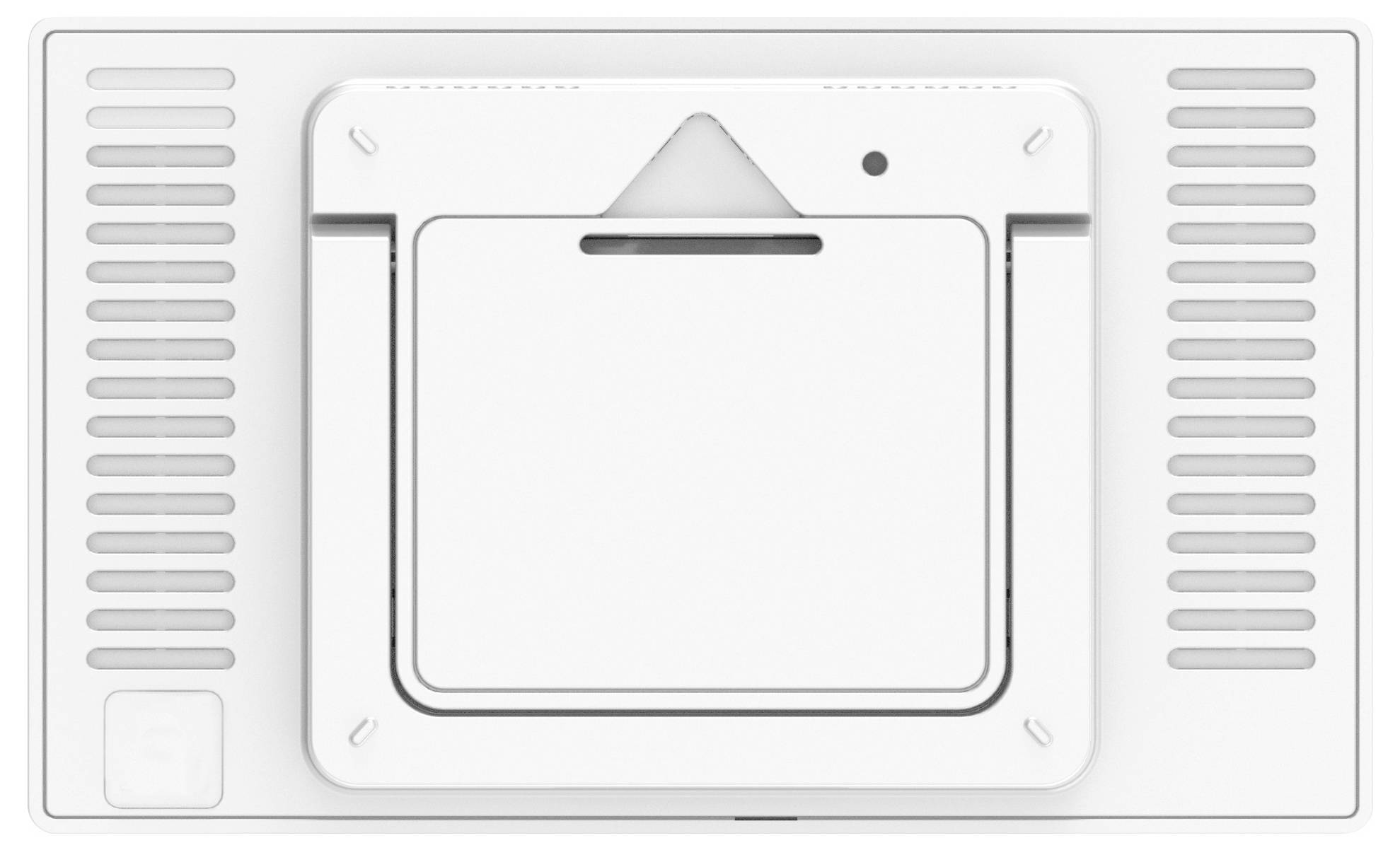 Ein weißer Luftauslass mit rechteckiger Form und horizontalen Lüftungsschlitzen an den Seiten, wohl für Heizung oder Klimaanlage.