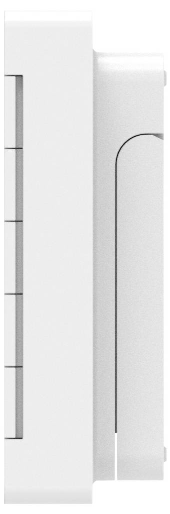 Seitenansicht eines weißen, rechteckigen elektronischen Geräts mit sichtbaren horizontalen Linien auf der linken Seite.