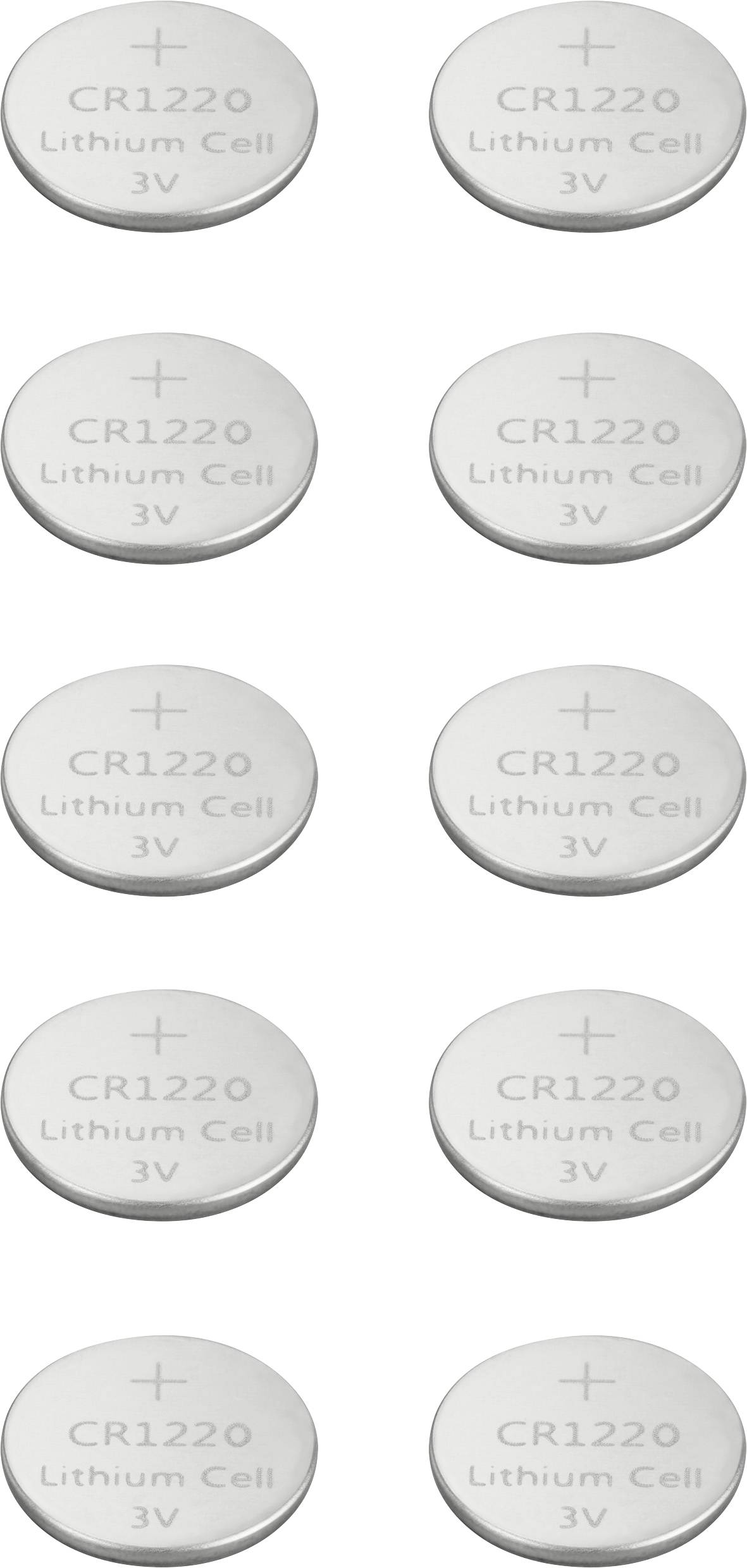 Zehn Lithium-Knopfzellen CR1220, je 3V, in zwei Spalten zu je fünf Batterien angeordnet.