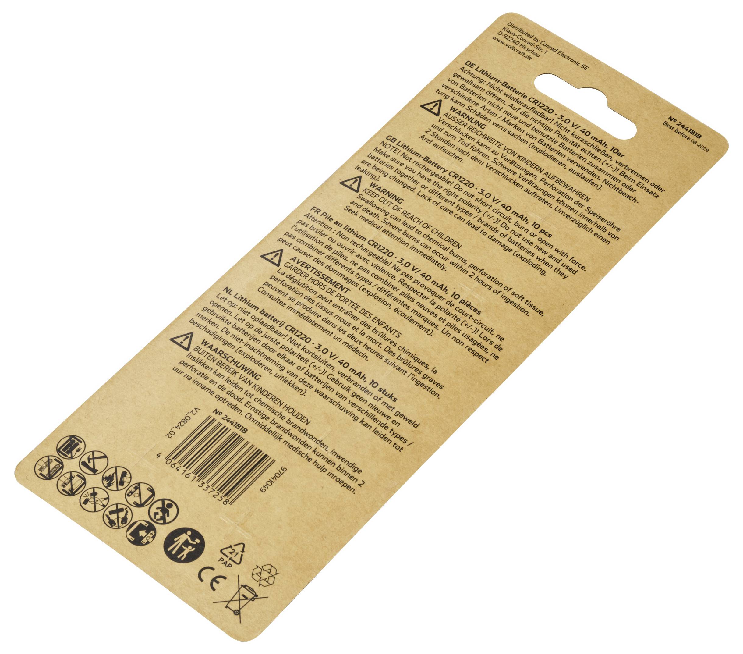 VOLTCRAFT Knopfzelle CR 1220 3 V 10 St. 40 mAh Lithium VC-12209090