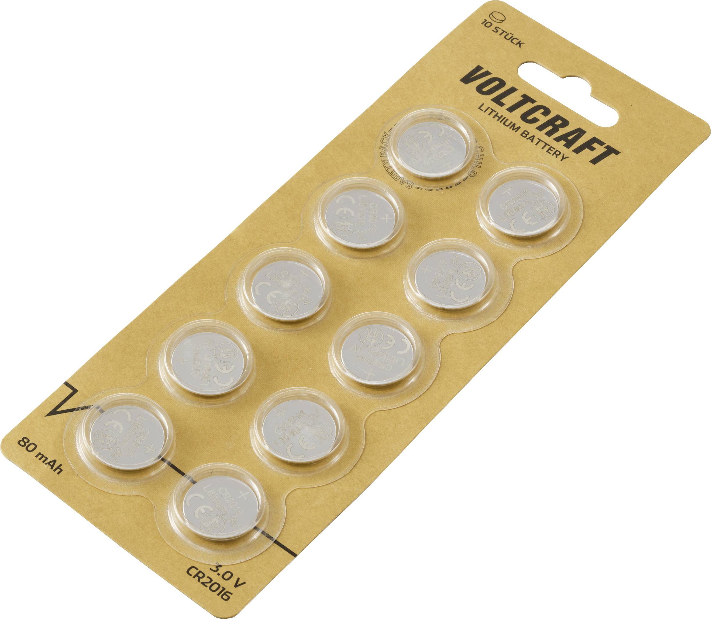 Eine Blisterpackung mit zehn Knopfzellbatterien 'Voltcraft CR2016', 3,0 V, 80 mAh, geeignet für kleine elektronische Geräte.