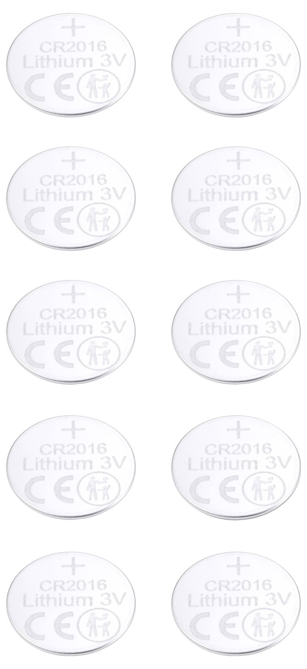 Zehn runde Knopfzellen-Batterien mit der Aufschrift 'CR2016 Lithium 3V CE'.