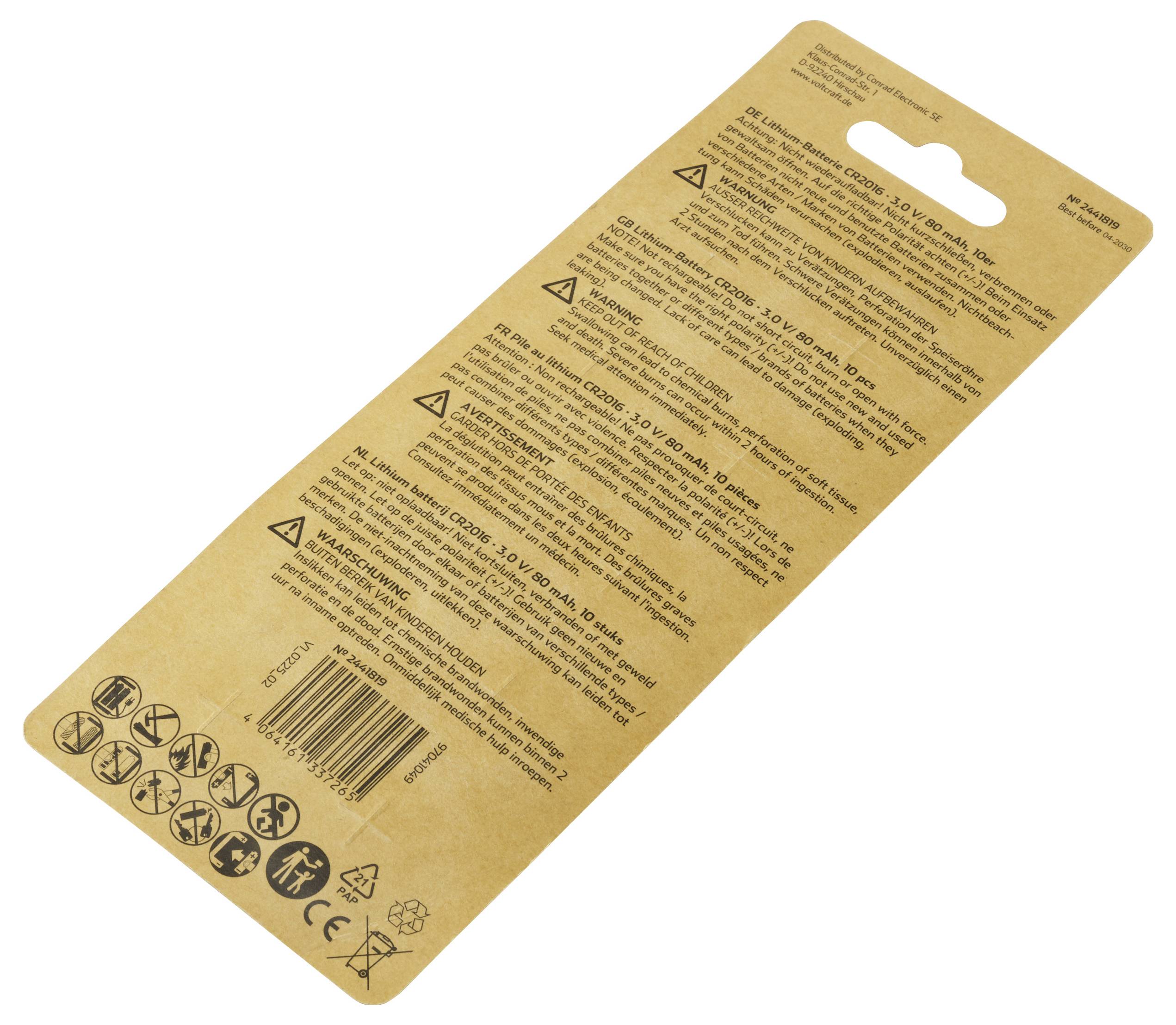 Braune Verpackung mit Sicherheits- und Gebrauchshinweisen auf Englisch. Symbole für Recycling und Sicherheitswarnungen am unteren Rand.