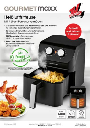 GourmetMaxx 14578 Heißluft-Fritteuse 4 l 1400 W Cool-Touch-Gehäuse Schwarz