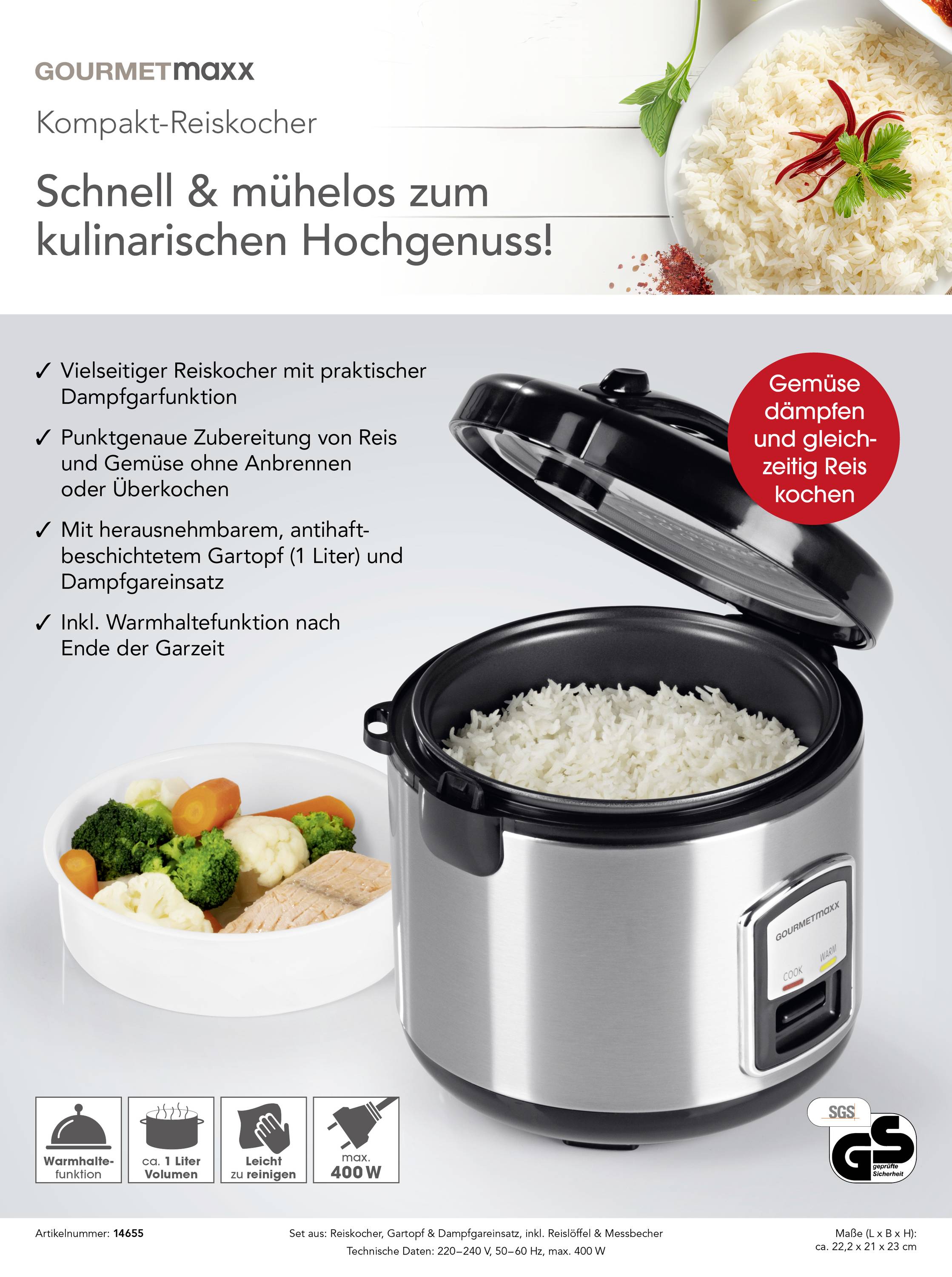 GourmetMaxx 14655 Reiskocher Silber mit Dampfgarfunktion