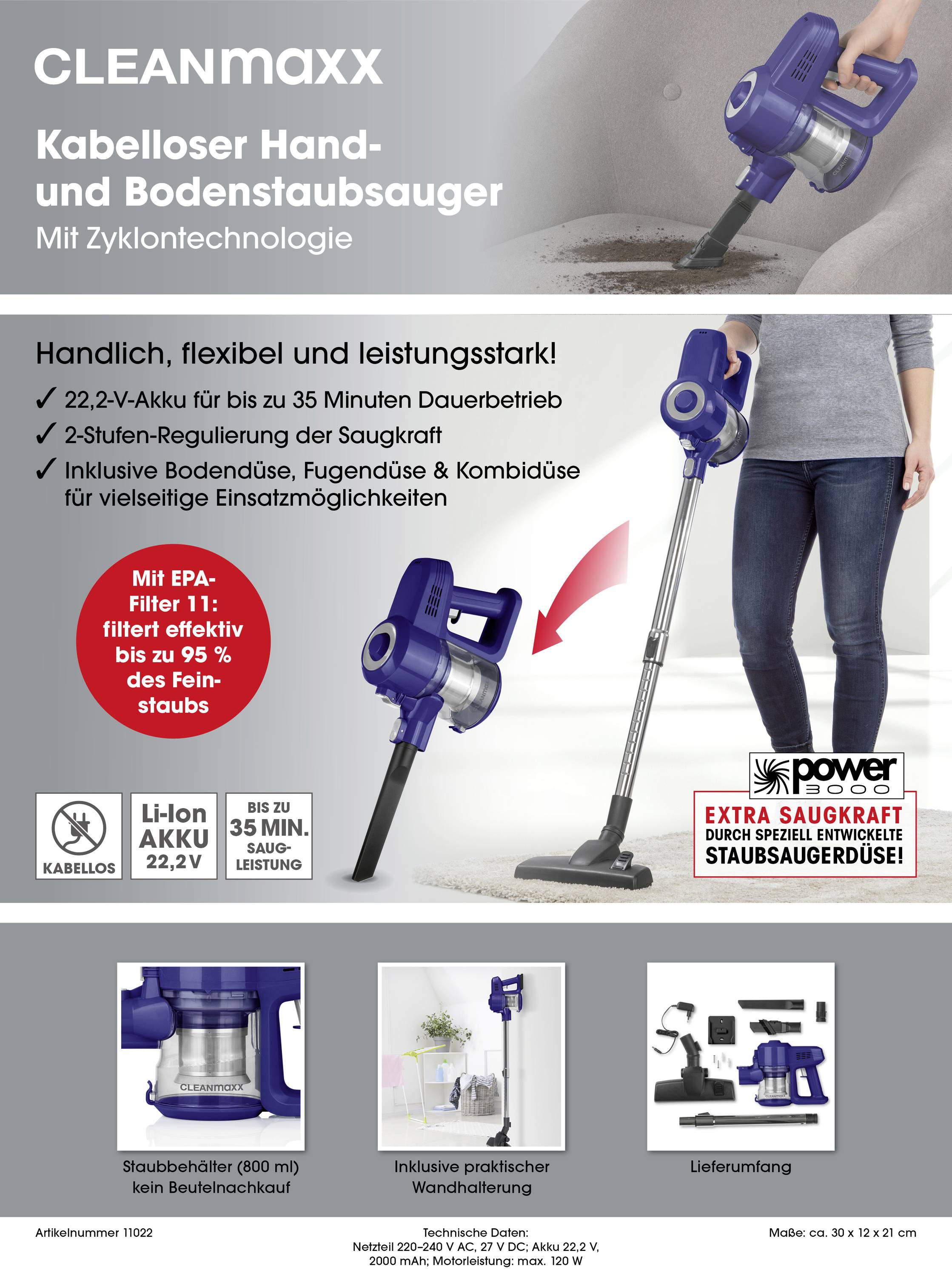 CleanMaxx 11022 Akku-Zyklon-Staubsauger Beutellos