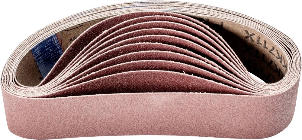 Schleifpapierband in Schleifenform, braun, aufgerollt. Es wird zur Oberflächenbearbeitung verwendet.
