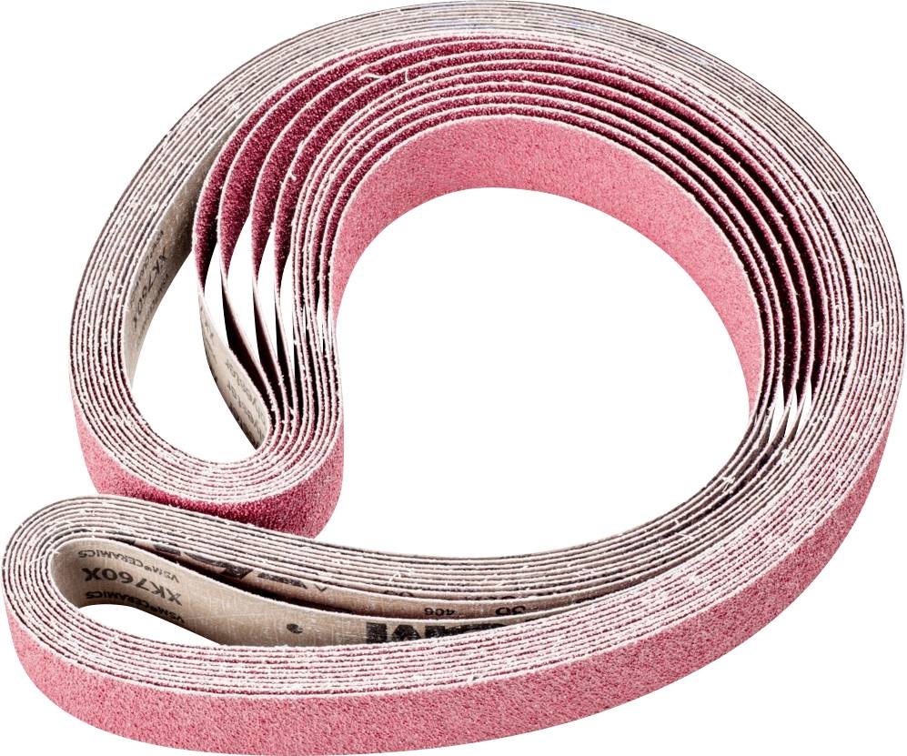 Eine aufgerollte Schleifbandrolle in rötlicher Farbe, die flach auf einer Oberfläche liegt.