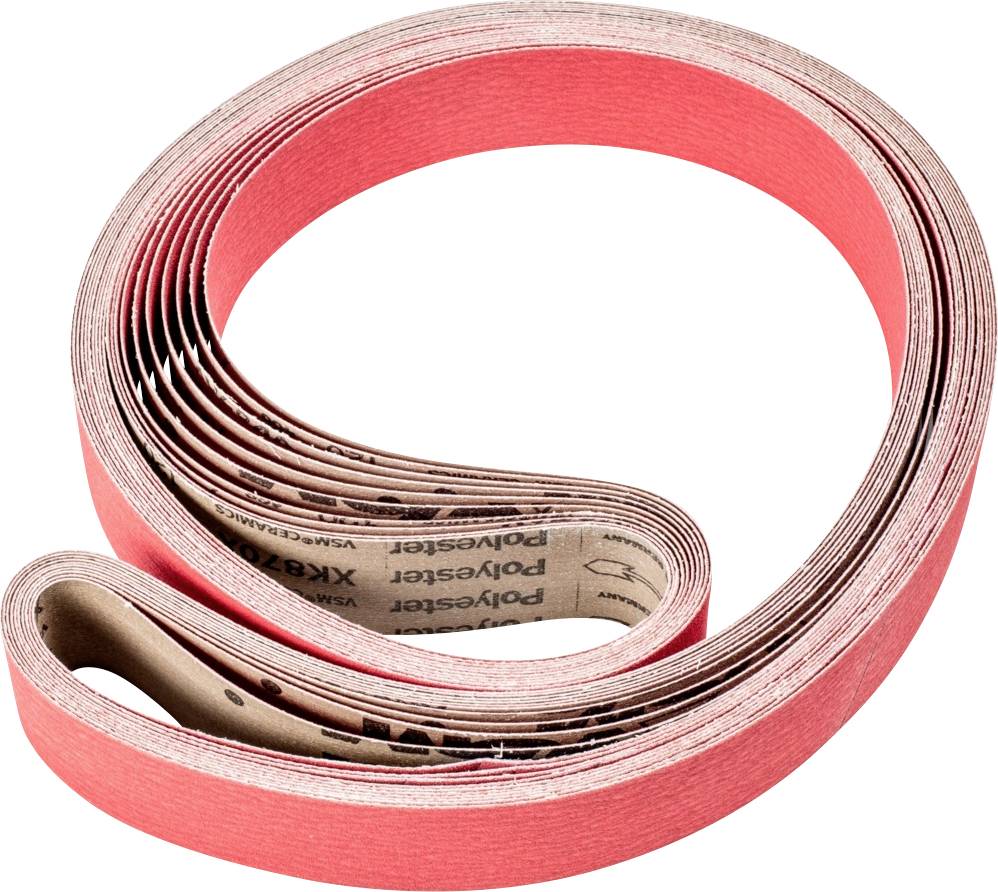 Roter, aufgerollter Schleifgürtel aus Schleifpapier, geeignet für industrielle Schleifmaschinen.