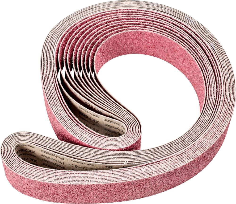 Eine aufgerollte Schleifbandrolle, rot, mit grober Körnung, geeignet für Schleifmaschinen zur Oberflächenbearbeitung.