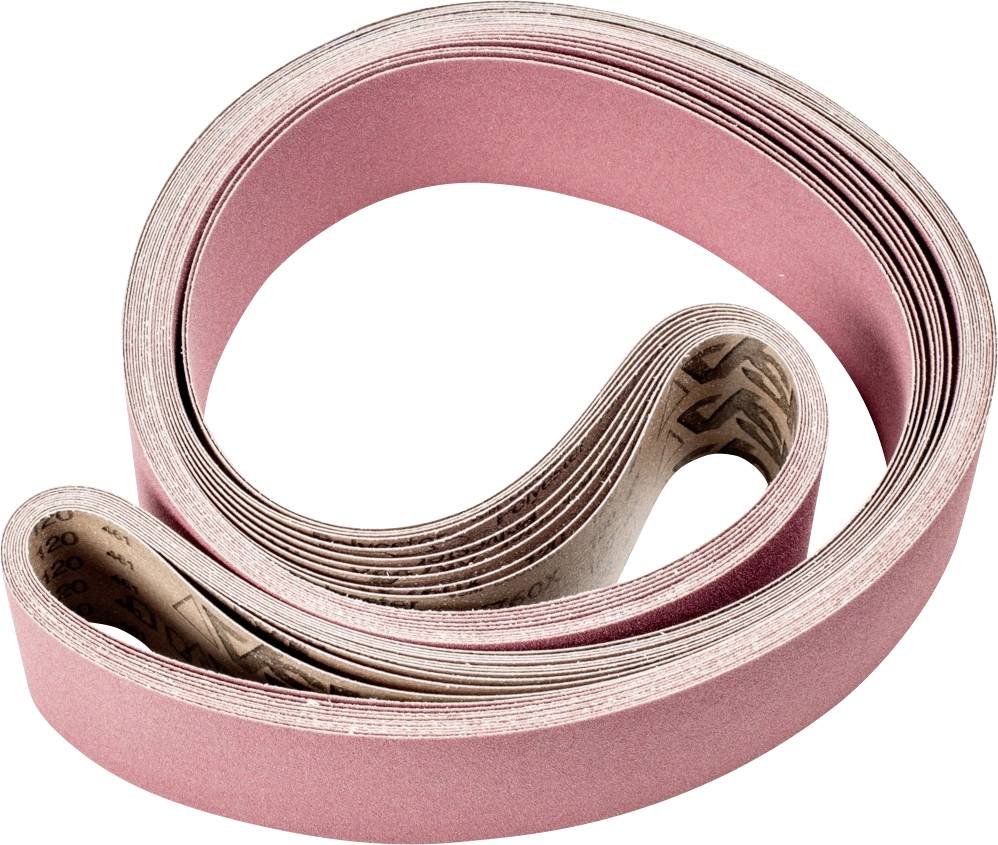 Ein Schleifpapierband in Schleifenform. Das Band hat eine rote Schleifoberfläche und ist für Schleifmaschinen geeignet.