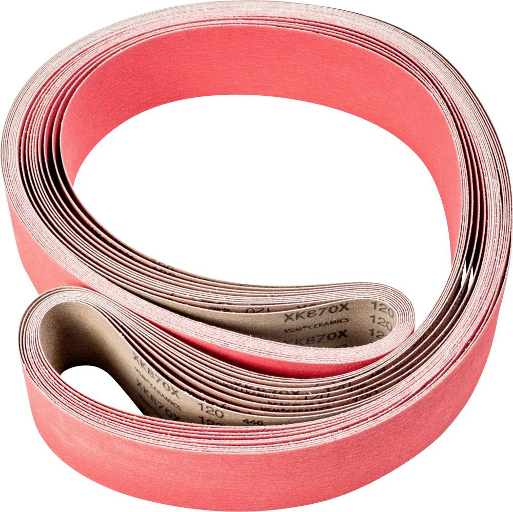 Schleifband in roter Farbe, zusammengerollt. Es zeigt aufgedruckte Spezifikationen wie 'XK870X' und '120'.