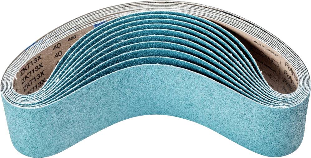 Blaues Schleifband in Schlaufe angeordnet, grobe Körnung, für Schleifarbeiten geeignet.