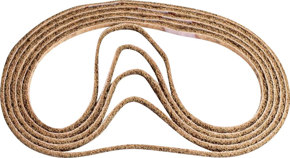 Ein langer, brauner Transportriemen aus Gummi in einer ovalen, mehrfach gewundenen Form. Ideal für Maschinenanwendungen.
