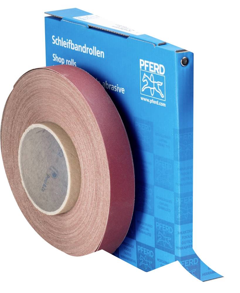 Schleifbandrolle in roter Farbe vor einer blauen Verpackung mit der Aufschrift 'Schleifbandrollen' und einem Pferd-Logo.