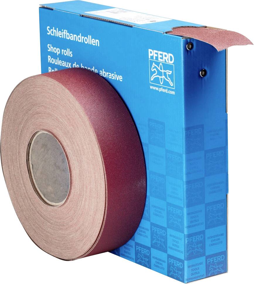 Schleifbandrollen in einer blauen Verpackung von 'PFERD'. Die Verpackung hat einen Text in mehreren Sprachen.