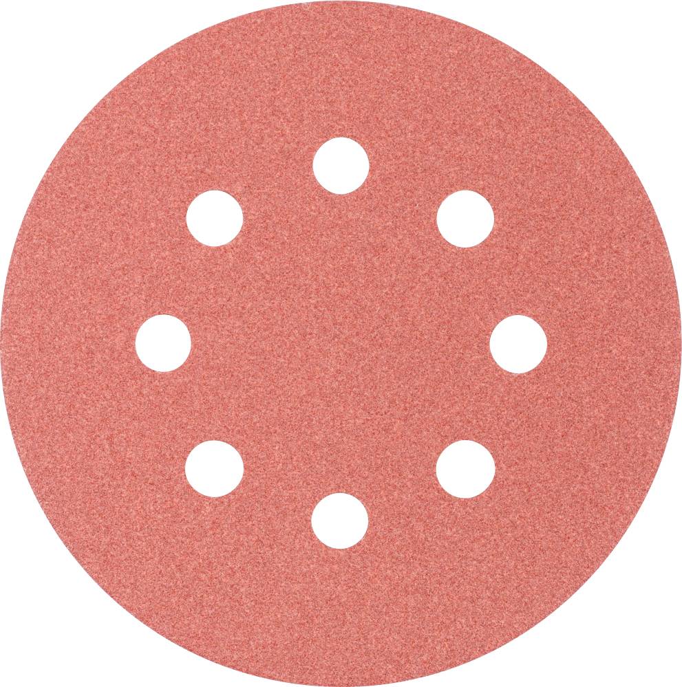 Rotes Schleifpapier in runder Form mit neun Löchern, verwendet zum Schleifen von Oberflächen.