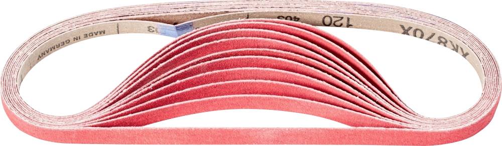 Ein rotes Schleifband in ovaler, gefalteter Form, aufgerollt und übereinandergelegt.
