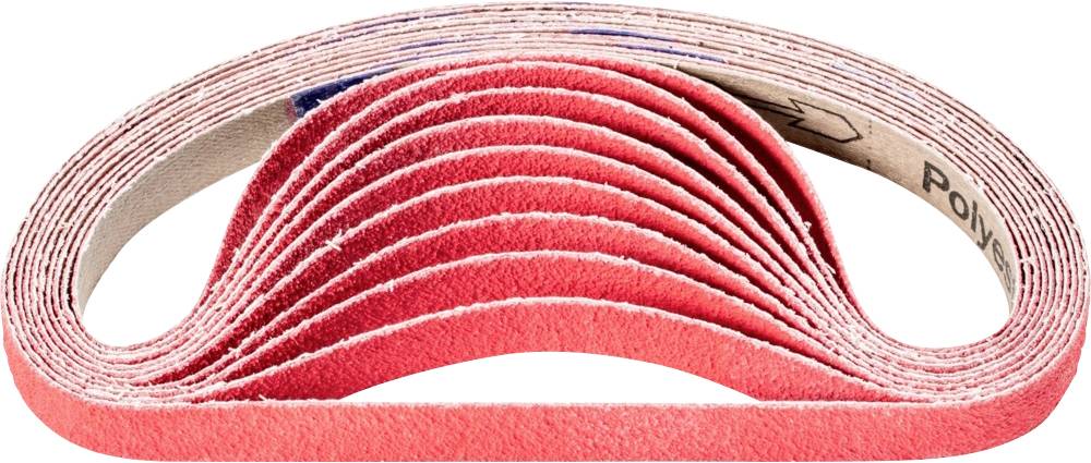 Mehrere rote Schleifbänder gestapelt und ineinander gelegt. Die Bänder sind in einer halbrunden Form angeordnet und zeigen die raue Schleiffläche.