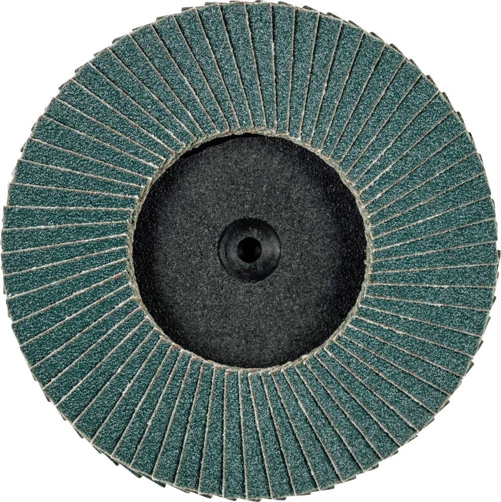 Schleifscheibe mit radial angeordneten Schleifblättern, grünblau, zur Metallbearbeitung verwendet.