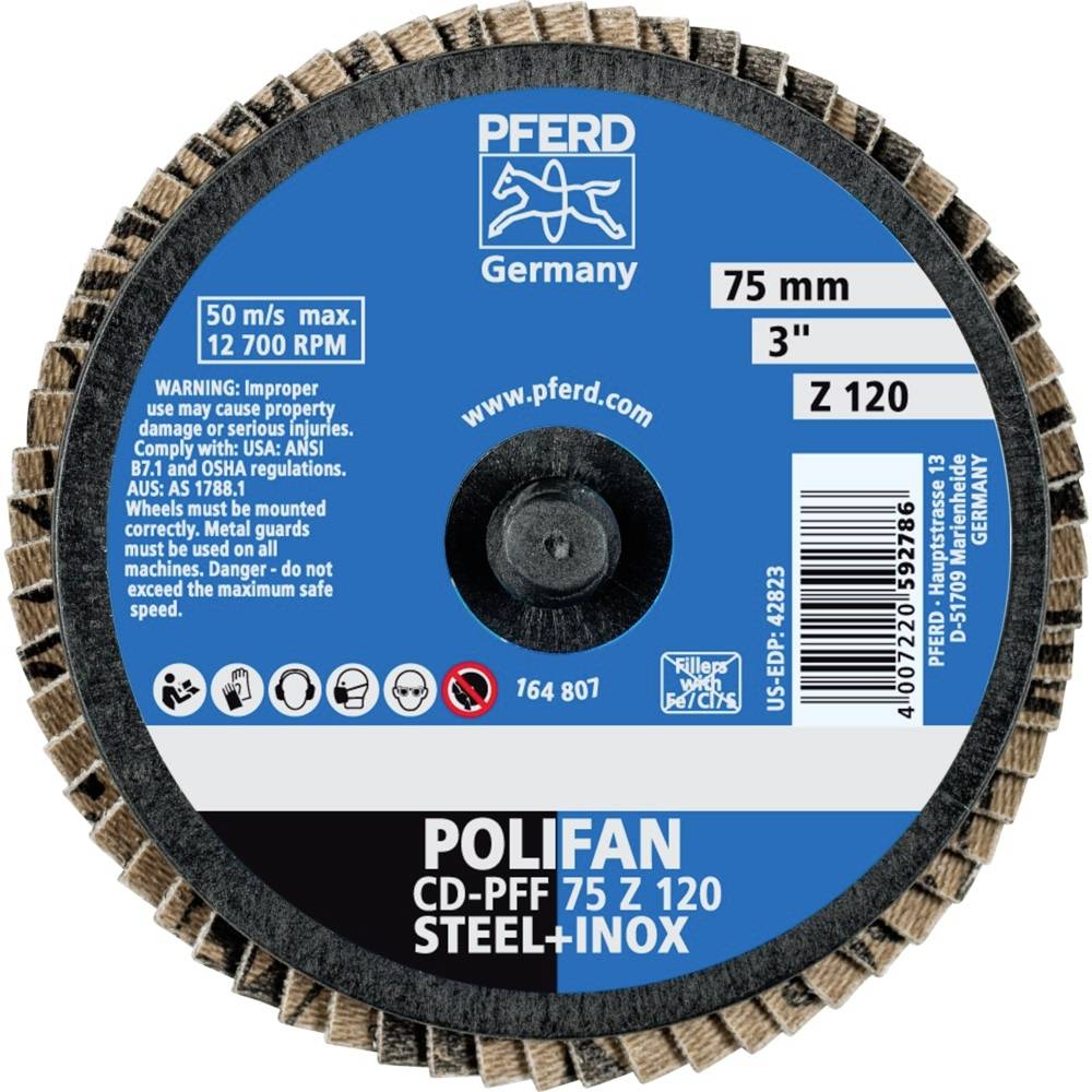 Schleifscheibe der Marke 'PFERD', Modell 'Polifan', geeignet für Stahl und Inox, 75 mm Durchmesser, 12.700 U/min, 50 m/s max.