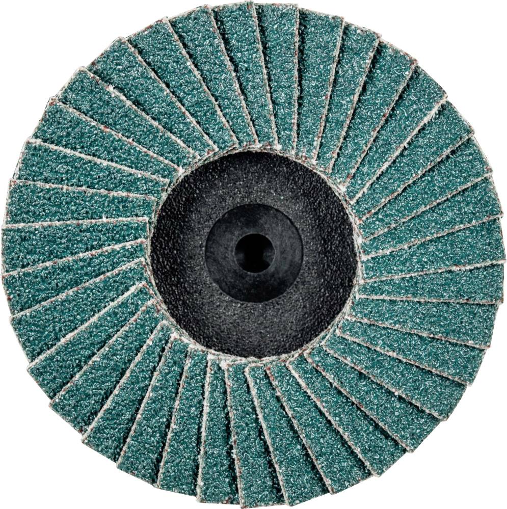 Schleifscheibe mit lamellenförmigen Schleifflächen, zentralem Loch und radialem Muster. Verwendet zum Polieren oder Schleifen von Materialien.