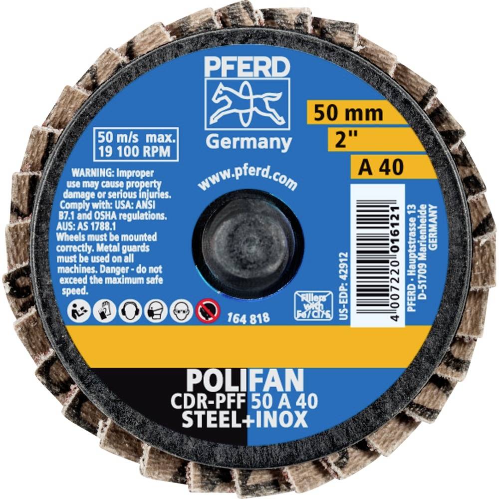 PFERD Polifan CDR-PFF Schleifscheibe, 50 mm Durchmesser, A 40, für Stahl und Edelstahl, maximale Drehzahl 19.100 U/min, hergestellt in Deutschland.