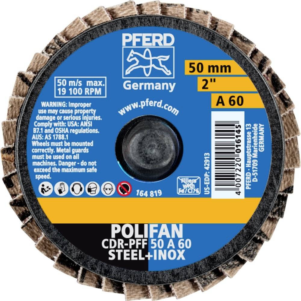 Ein Schleifrad mit der Aufschrift 'PFERD Germany'. Maximale Geschwindigkeit: 50 m/s, Durchmesser: 50 mm (2''), Körnung: A 60, Material: Stahl und Inox.